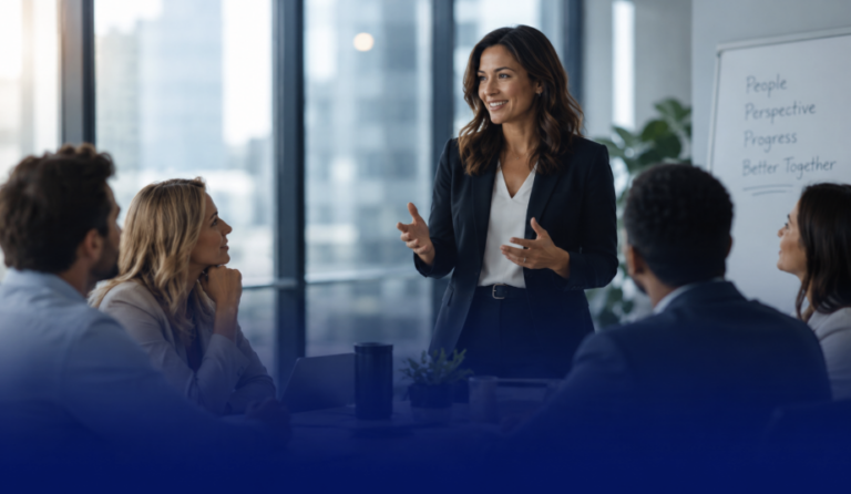 Business leader speaking with her team during a leadership development meeting.